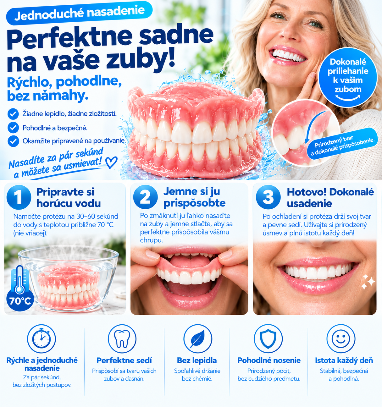 Zubné náhrady z dentálnej PMMA živice – prirodzený odtieň, vysoká odolnosť a pohodlné prispôsobenie ústnej dutine.
