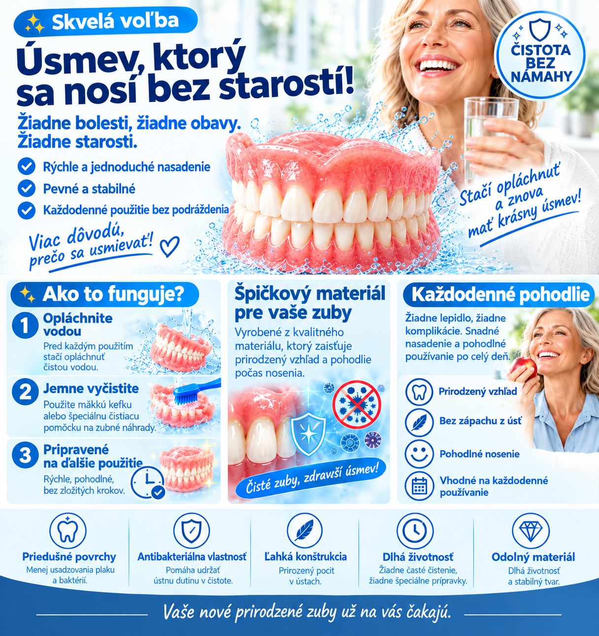 Zubné náhrady z dentálnej PMMA živice – prirodzený odtieň, vysoká odolnosť a pohodlné prispôsobenie ústnej dutine.