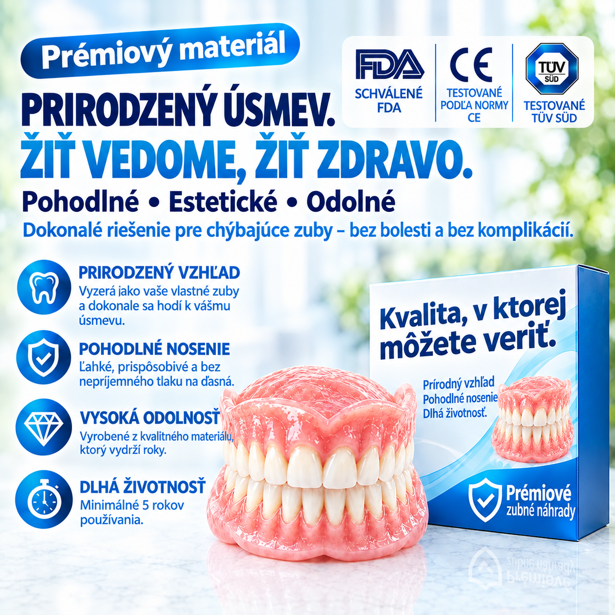 Zubné náhrady z dentálnej PMMA živice – prirodzený odtieň, vysoká odolnosť a pohodlné prispôsobenie ústnej dutine.