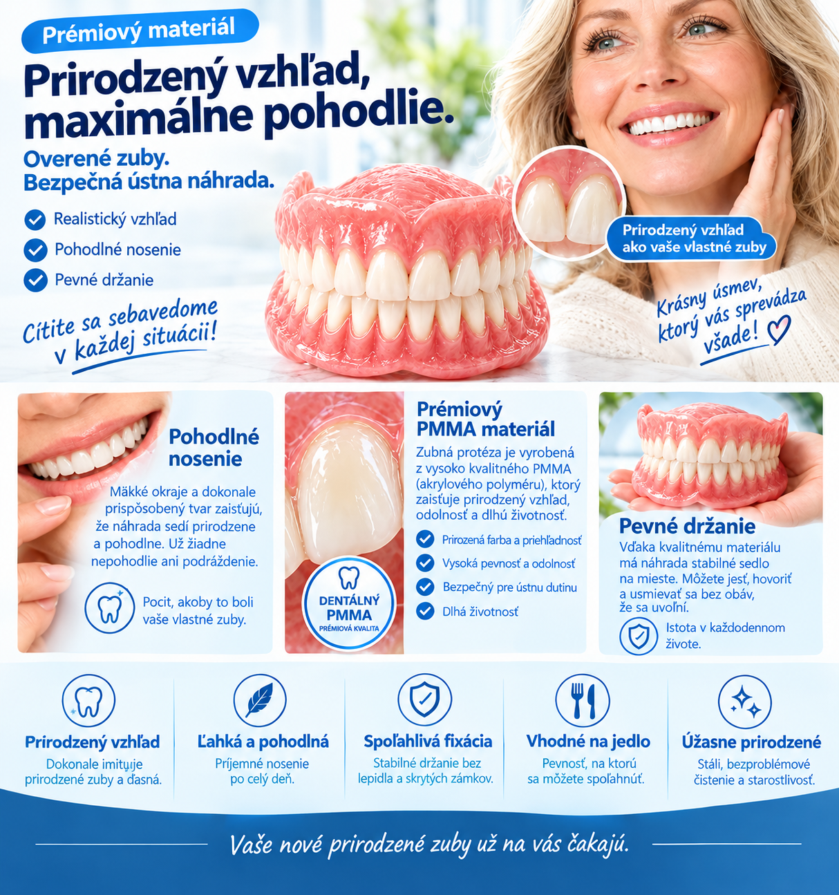 Zubné náhrady z dentálnej PMMA živice – prirodzený odtieň, vysoká odolnosť a pohodlné prispôsobenie ústnej dutine.