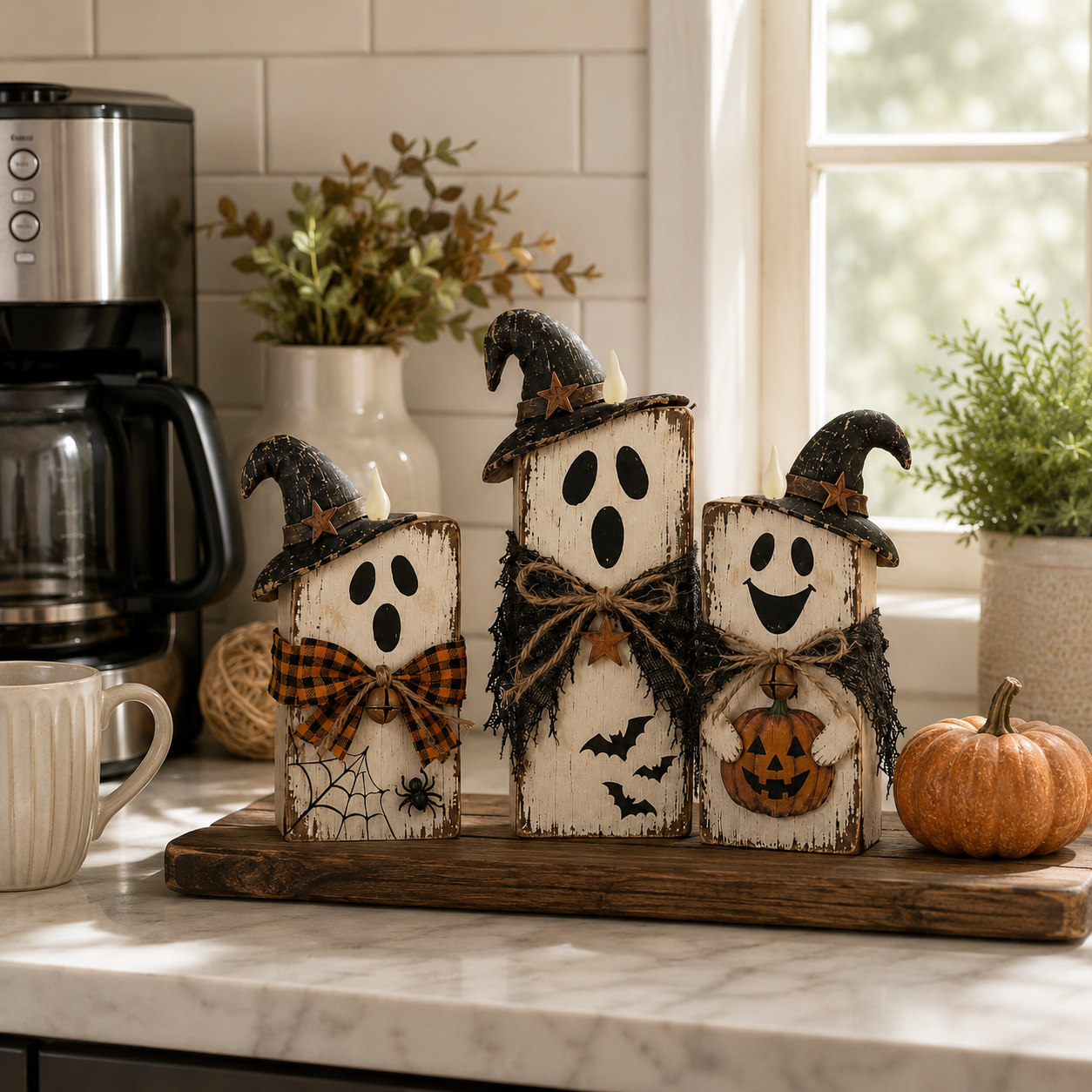 Lighted Vintage Wooden Ghost Decor Set of 3 with Remote Control