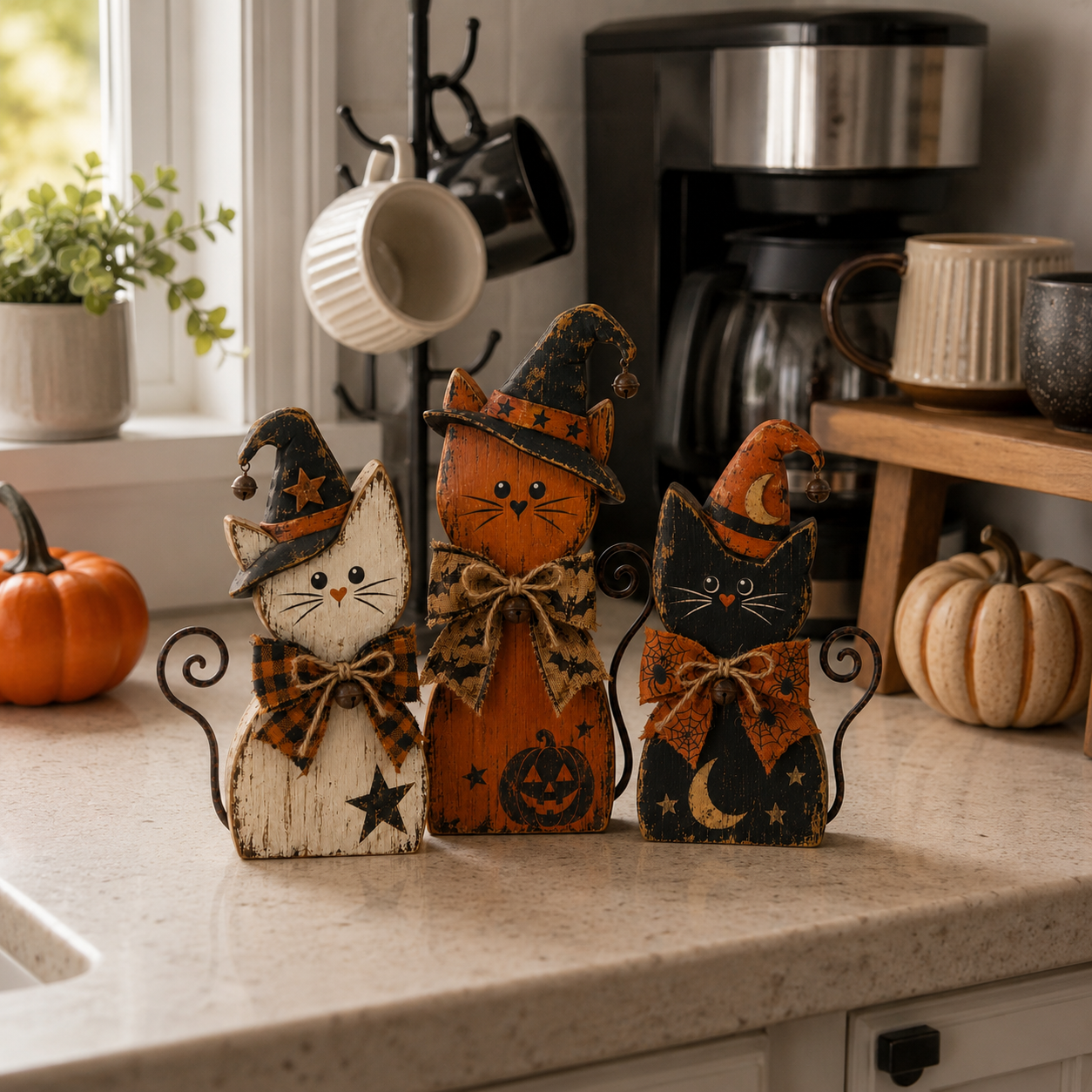Vintage Halloween Witch Cat Decor Set