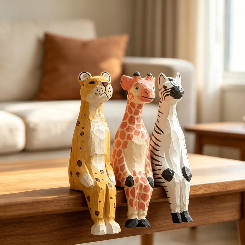 Hand Carved Wooden Safari Animal Shelf Sitters, Minimalist Scandinavian Nursery Home Decor