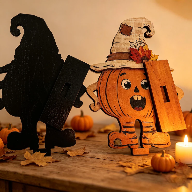 3Pcs Vintage Pumpkin Decor, Witch Hat Wooden Table Decor