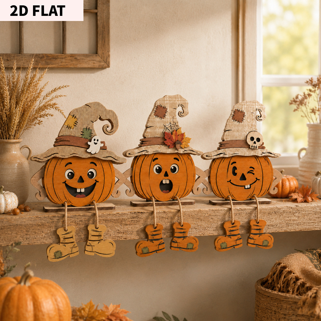 3Pcs Vintage Pumpkin Decor, Witch Hat Wooden Table Decor