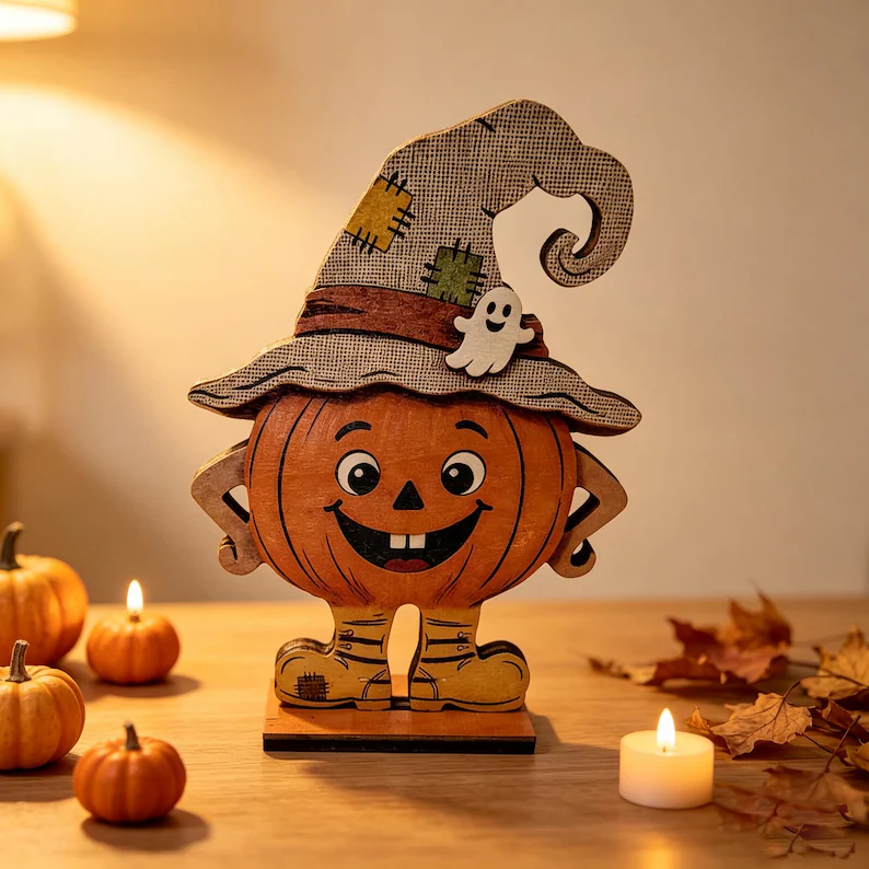 3Pcs Vintage Pumpkin Decor, Witch Hat Wooden Table Decor