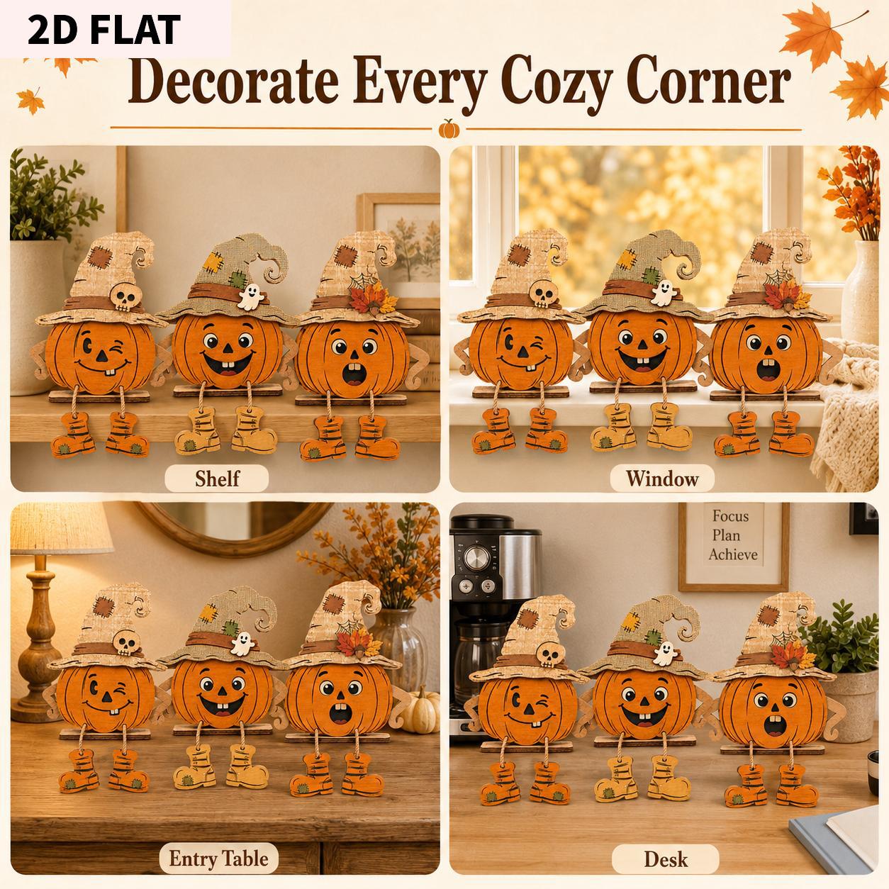 3Pcs Vintage Pumpkin Decor, Witch Hat Wooden Table Decor