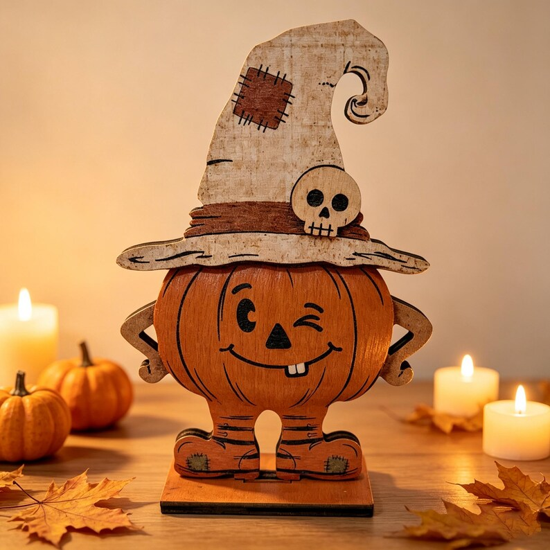 3Pcs Vintage Pumpkin Decor, Witch Hat Wooden Table Decor