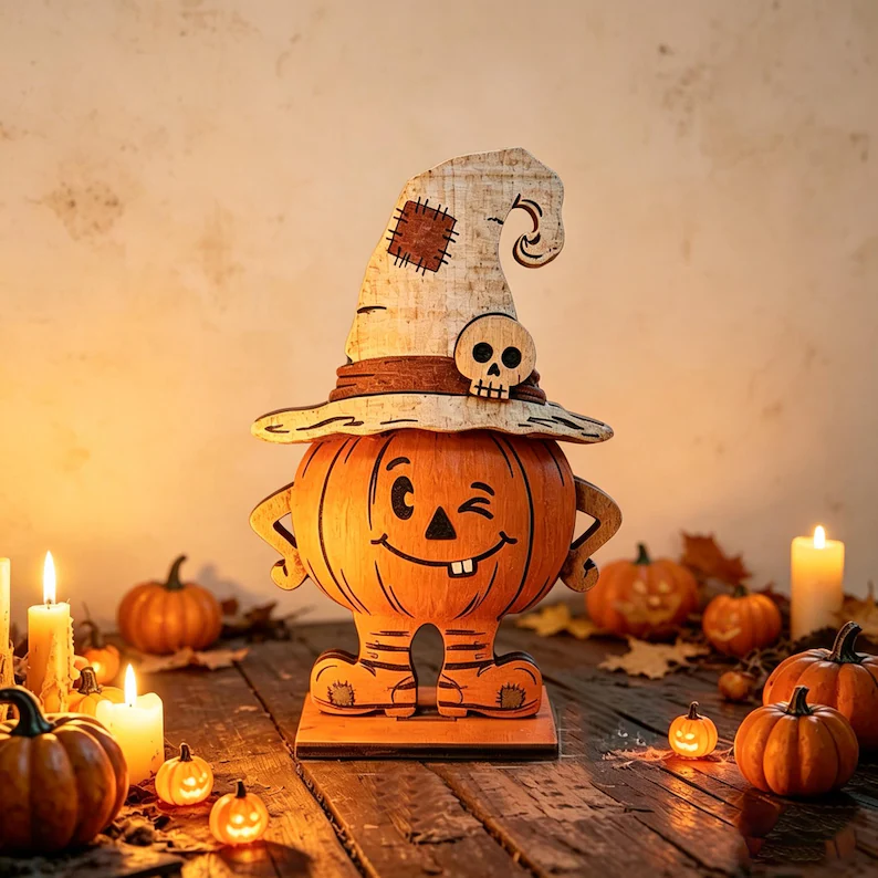 3Pcs Vintage Pumpkin Decor, Witch Hat Wooden Table Decor