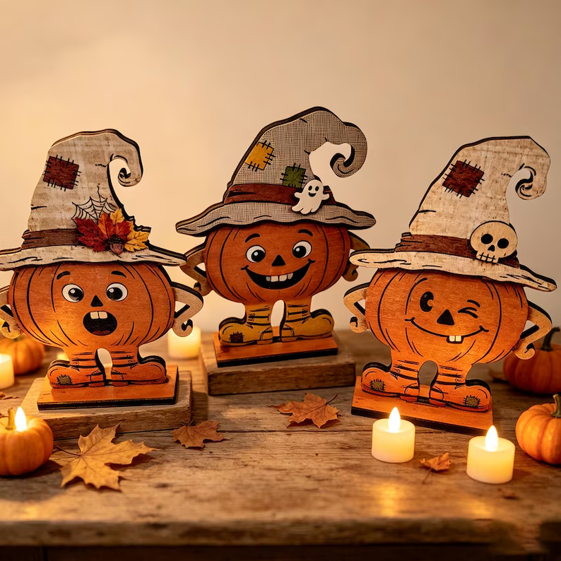 3Pcs Vintage Pumpkin Decor, Witch Hat Wooden Table Decor