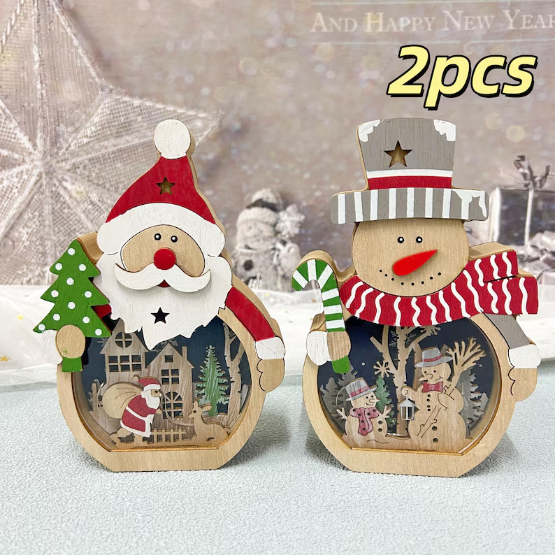 3D Carved Wooden Santa and Clown-Hat Snowman Décor Lamp/Christmas ornament Carvings Lights