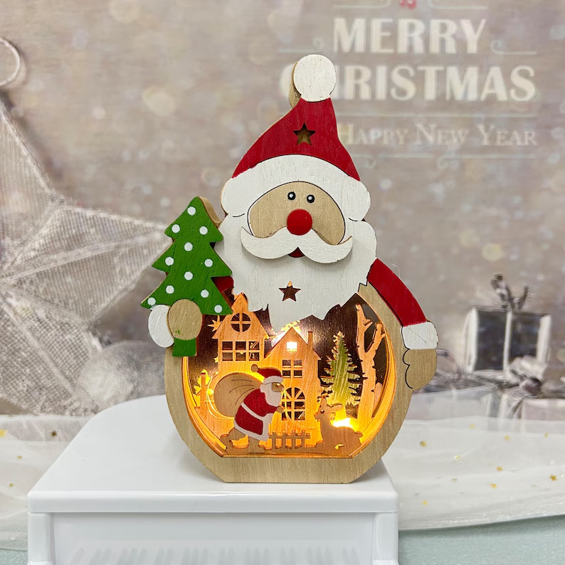 3D Carved Wooden Santa and Clown-Hat Snowman Décor Lamp/Christmas ornament Carvings Lights