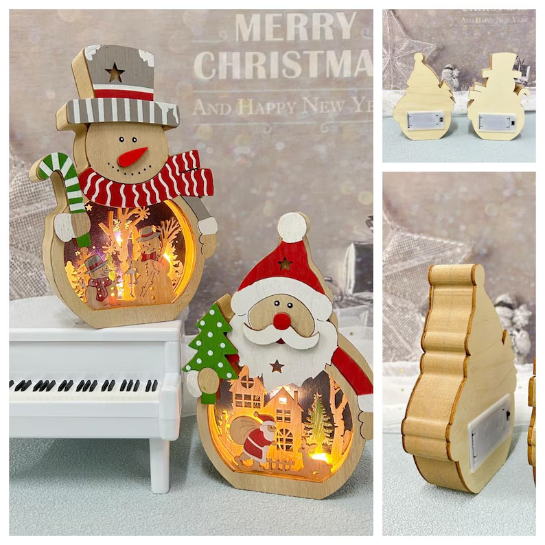 3D Carved Wooden Santa and Clown-Hat Snowman Décor Lamp/Christmas ornament Carvings Lights