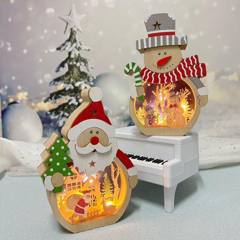 3D Carved Wooden Santa and Clown-Hat Snowman Décor Lamp/Christmas ornament Carvings Lights