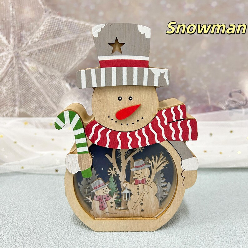 3D Carved Wooden Santa and Clown-Hat Snowman Décor Lamp/Christmas ornament Carvings Lights