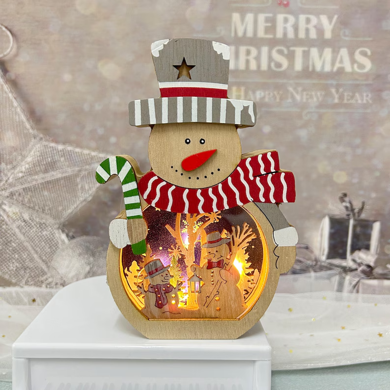 3D Carved Wooden Santa and Clown-Hat Snowman Décor Lamp/Christmas ornament Carvings Lights