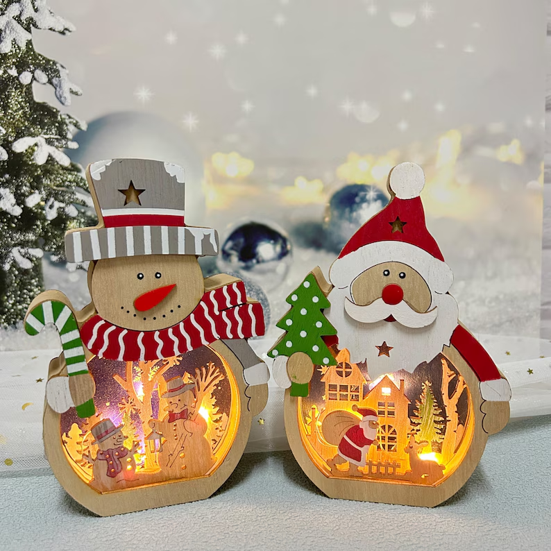 3D Carved Wooden Santa and Clown-Hat Snowman Décor Lamp/Christmas ornament Carvings Lights