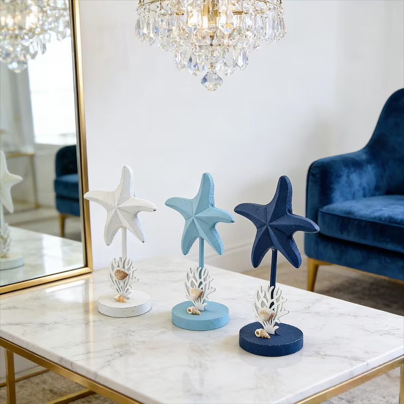 Handcrafted Wooden Starfish Decor – Coastal Ocean Style Tabletop Ornament
