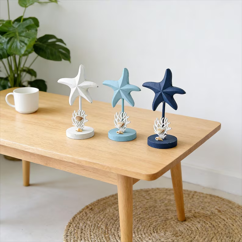 Handcrafted Wooden Starfish Decor – Coastal Ocean Style Tabletop Ornament
