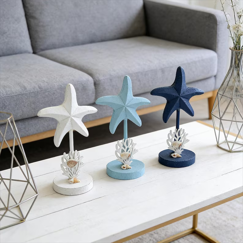Handcrafted Wooden Starfish Decor – Coastal Ocean Style Tabletop Ornament