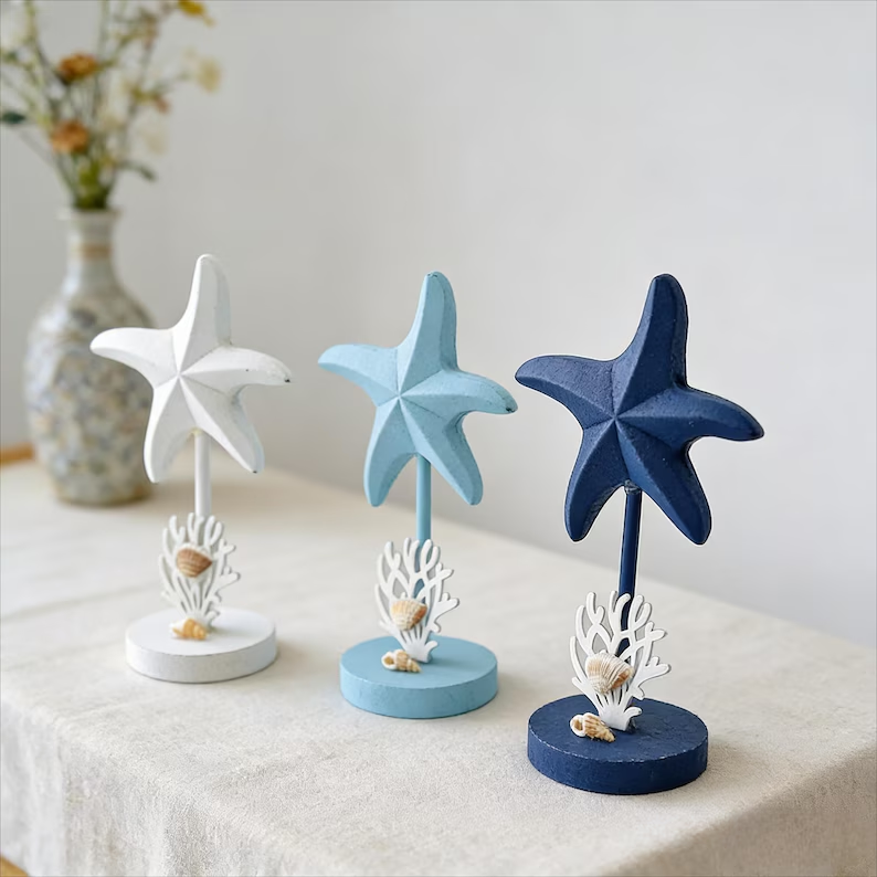 Handcrafted Wooden Starfish Decor – Coastal Ocean Style Tabletop Ornament