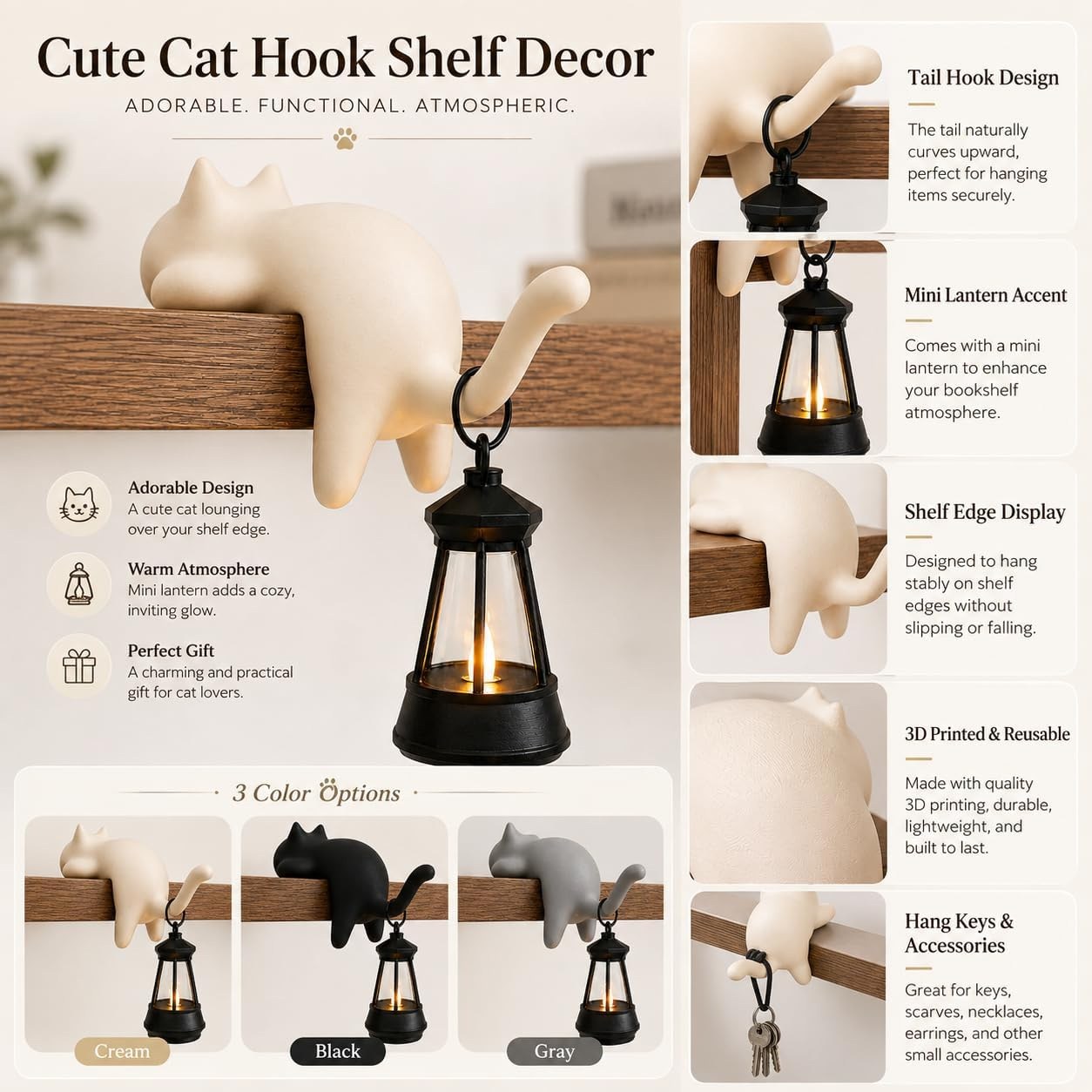 Black Cat Shelf Ornament with Hanging Lantern 