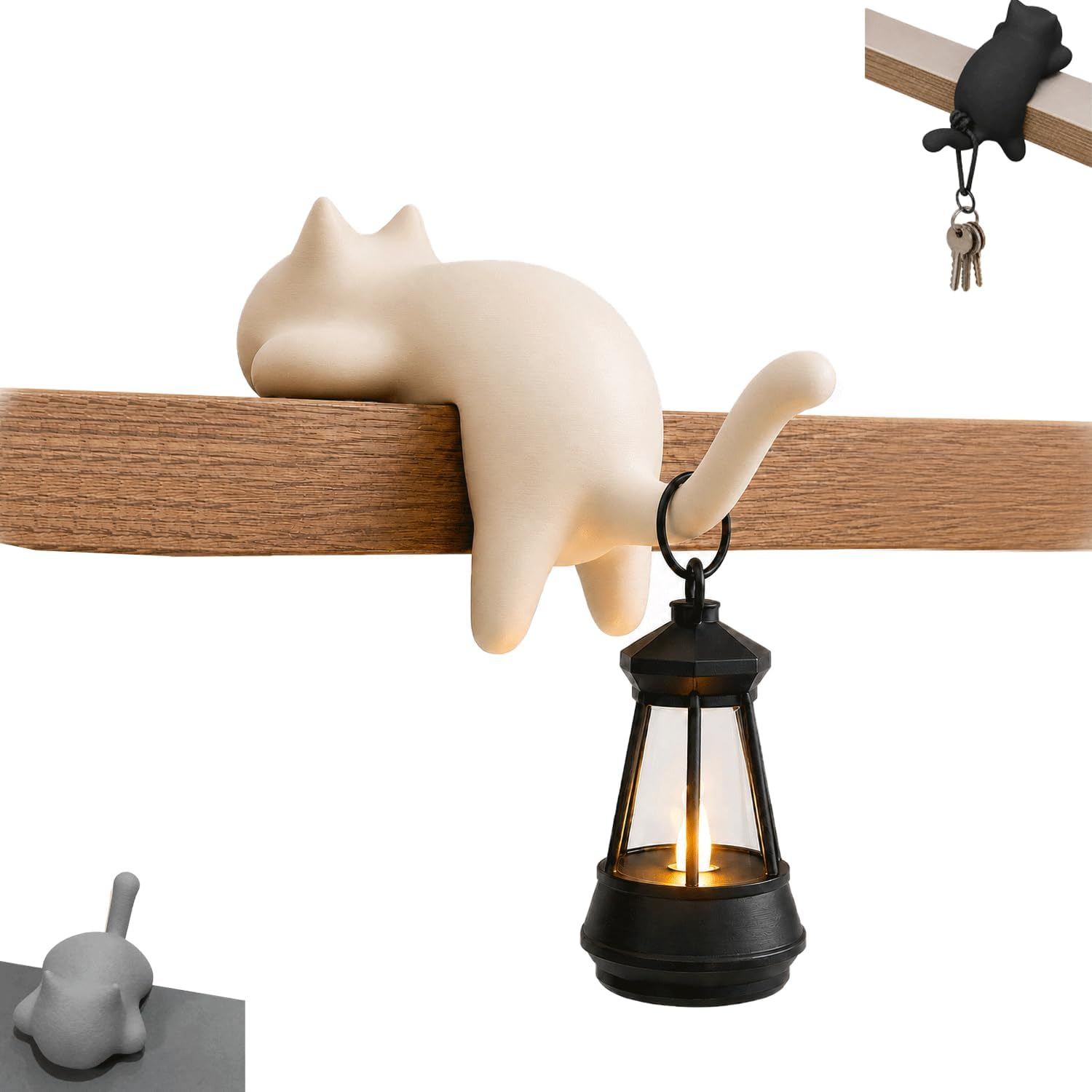 Black Cat Shelf Ornament with Hanging Lantern 