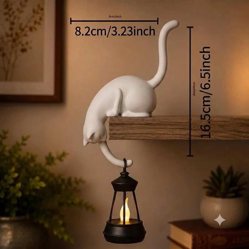 Black Cat Shelf Ornament with Hanging Lantern 