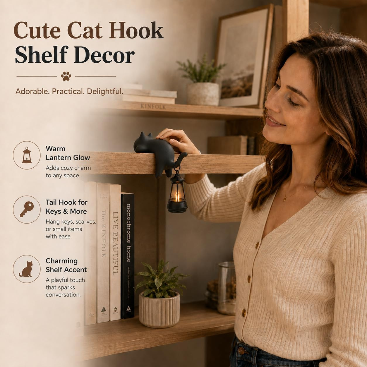 Black Cat Shelf Ornament with Hanging Lantern 