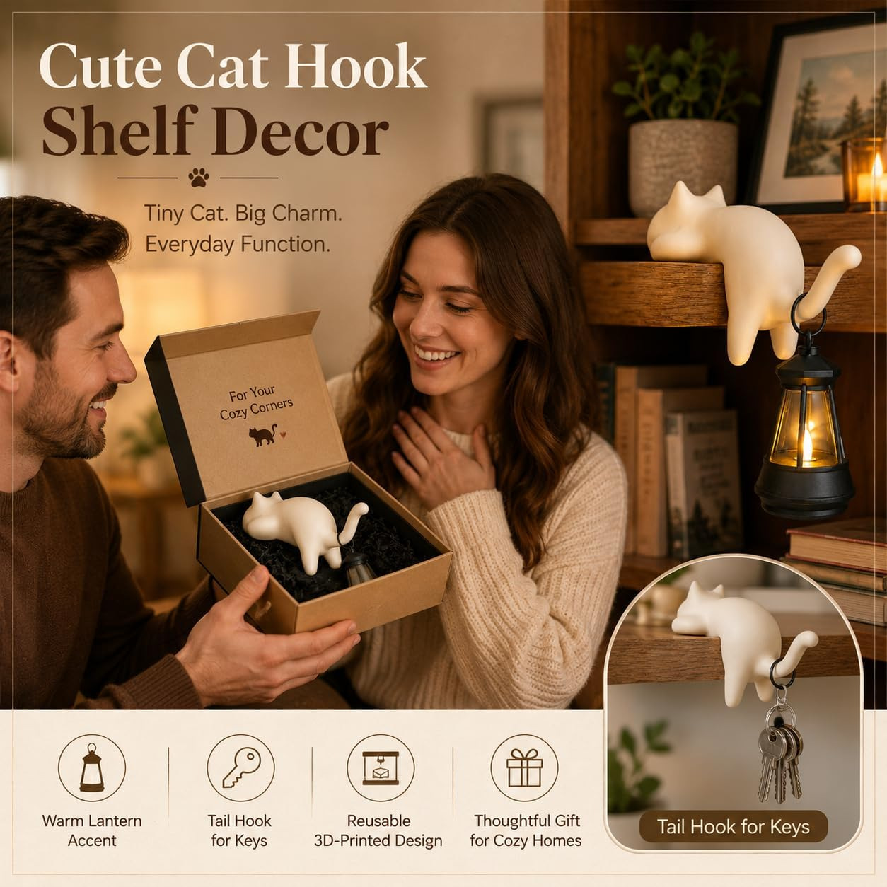 Black Cat Shelf Ornament with Hanging Lantern 
