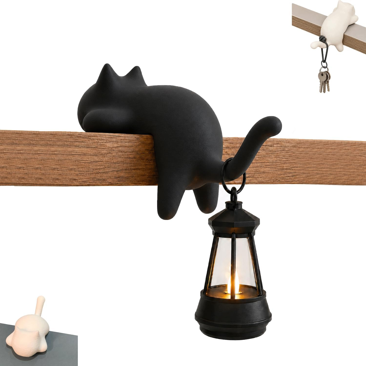 Black Cat Shelf Ornament with Hanging Lantern 