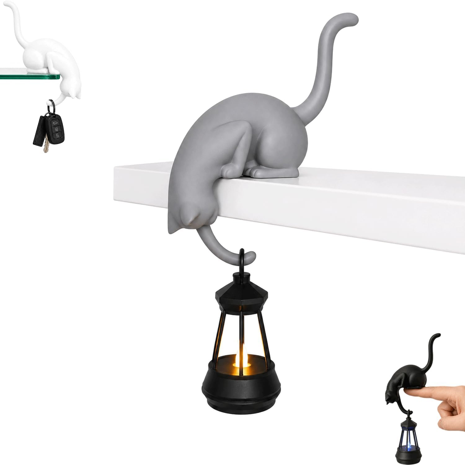 Black Cat Shelf Ornament with Hanging Lantern 