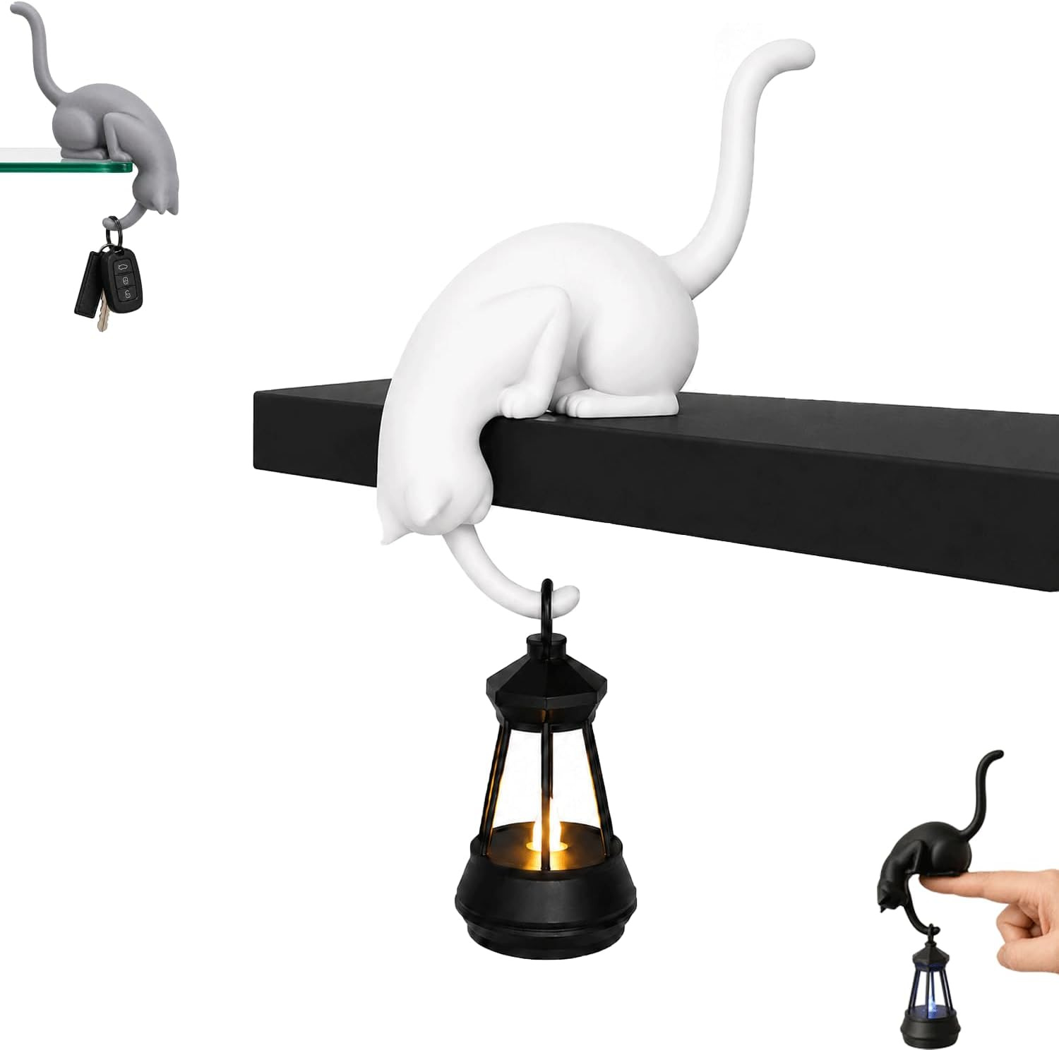 Black Cat Shelf Ornament with Hanging Lantern 