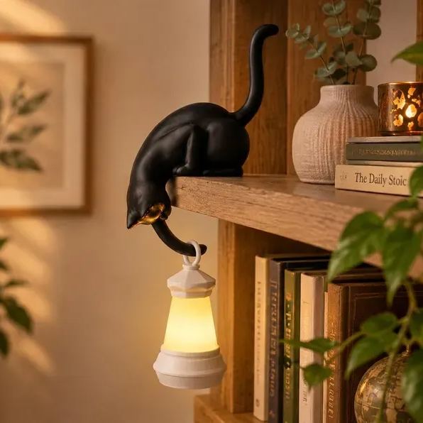 Black Cat Shelf Ornament with Hanging Lantern 