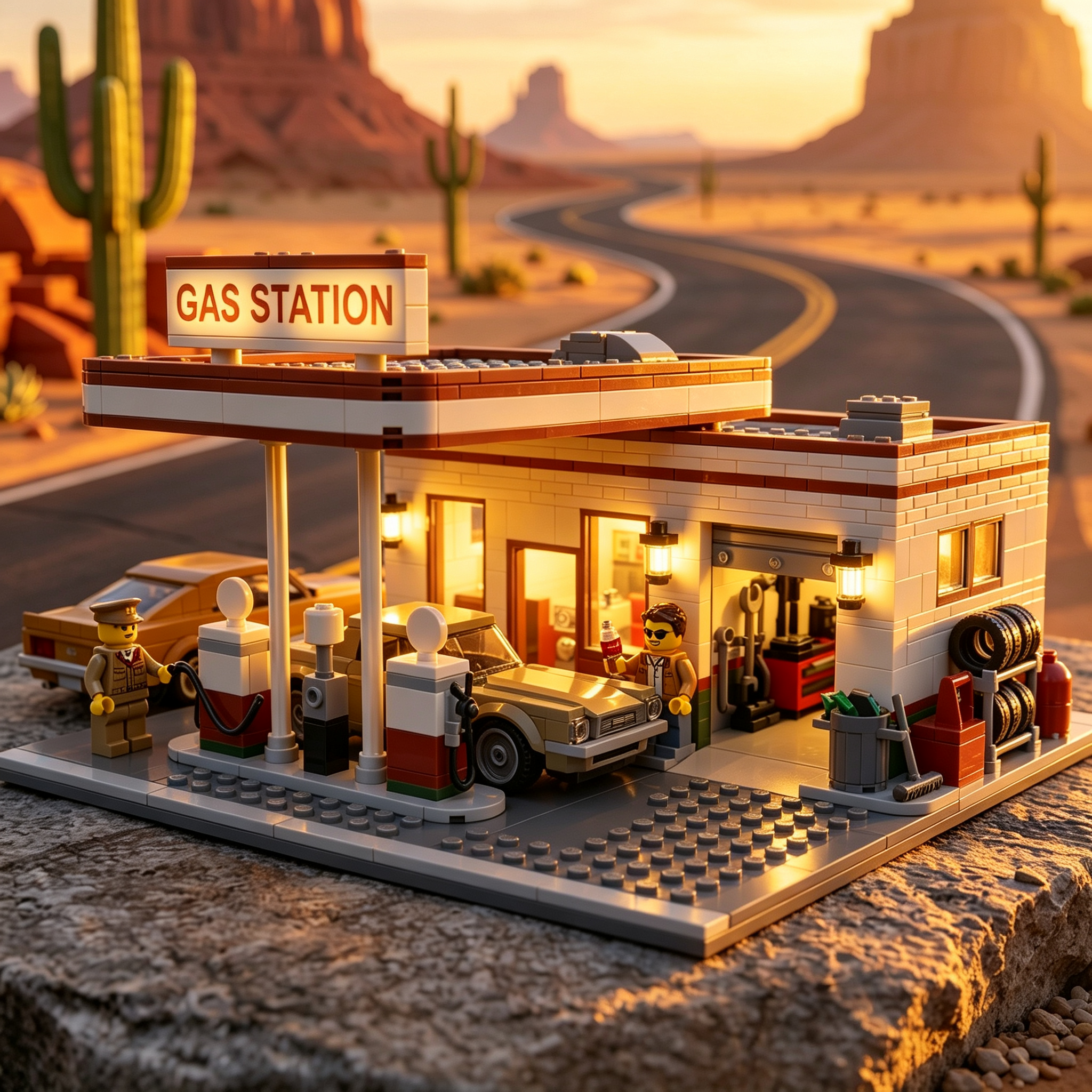 Vintage Western Desert Gas‑Station Building‑Bricks Diorama Decor