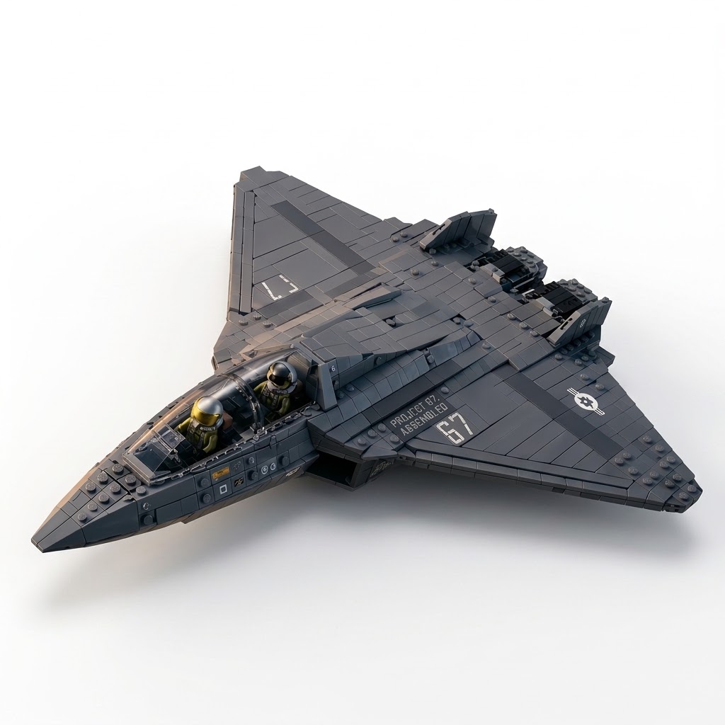 NGAD Sixth Generation Stealth Fighter Jet Building Blocks Set – Advanced Twin-Engine Aircraft Model with Dual Cockpit & Pilot Figures