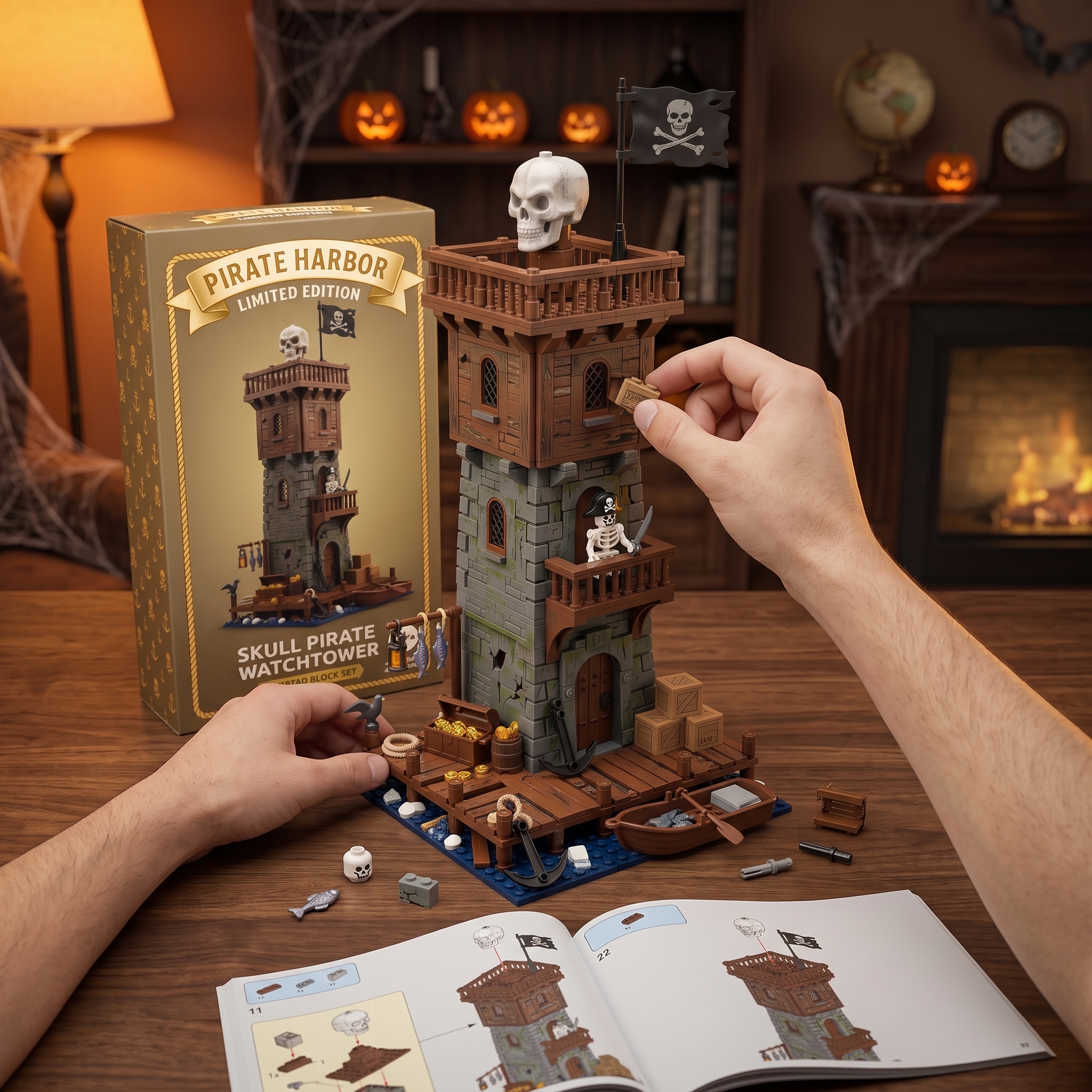 Skull Pirate Watchtower Collectible Building‑Brick Set, Retro Harbor Adventure Tower Scene Decor