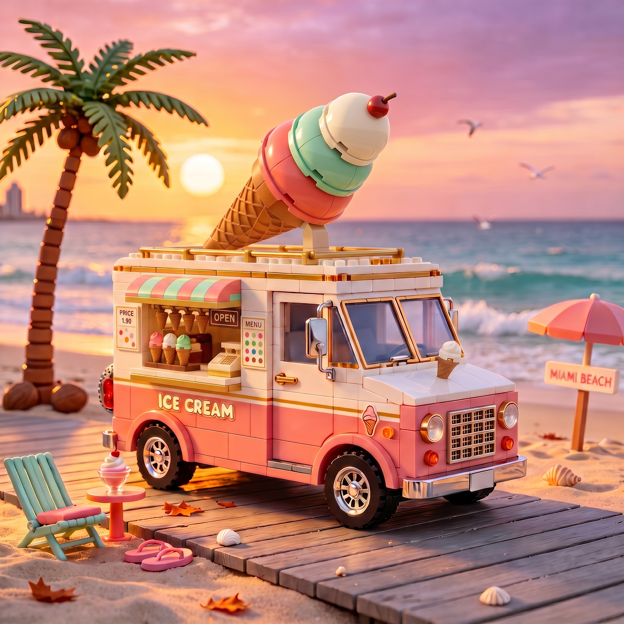 Miami Sunset Triple-Scoop Cone Retro Ice Cream Truck