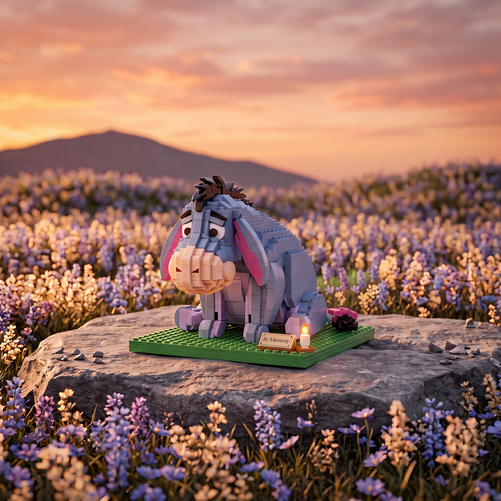 Flower‑Field Memorial Edition Sad Donkey Building‑Brick Commemorative Statue
