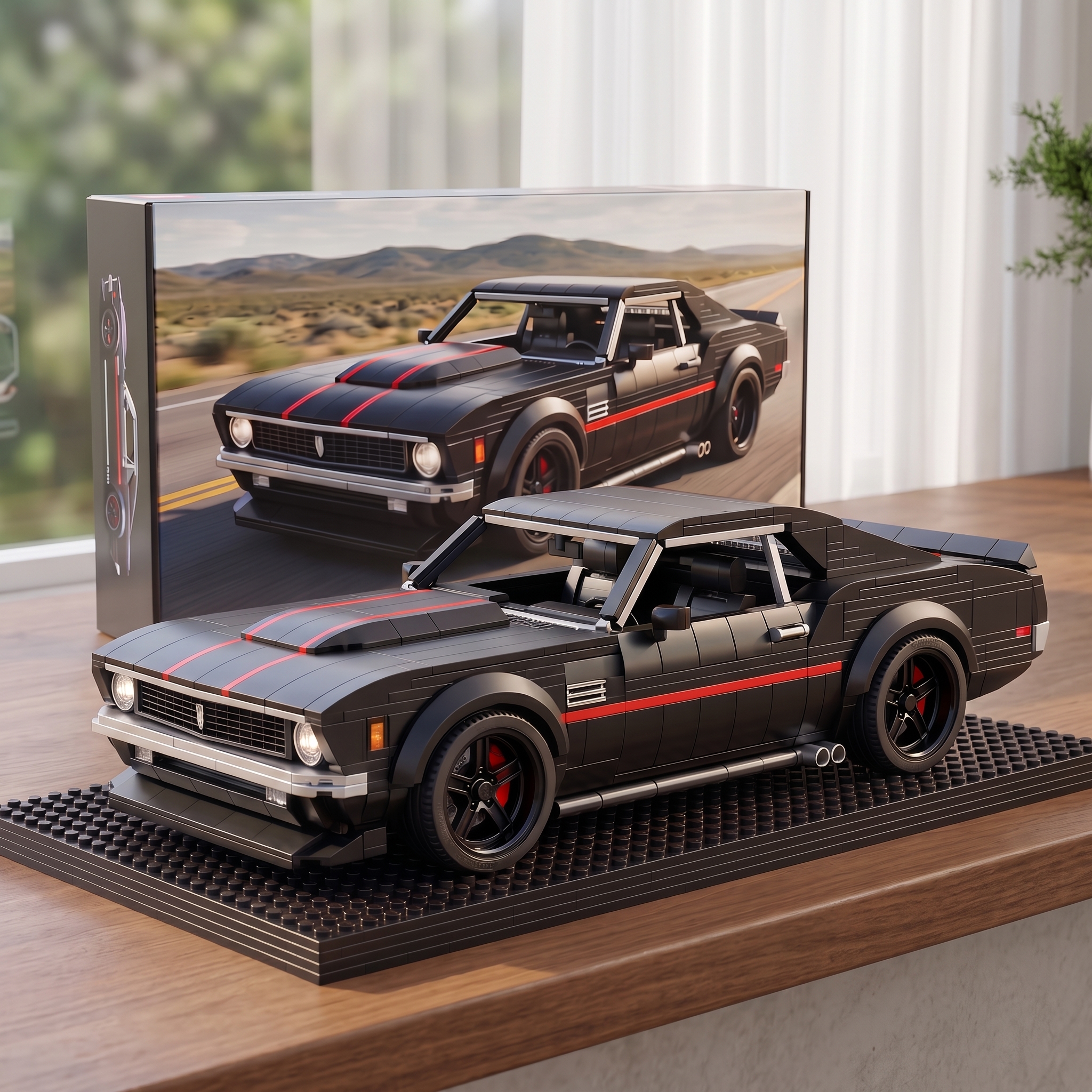 Black‑Red Stripe Vintage American Muscle Car Building‑brick Model, Classic Modified Coupe Collectible Diorama