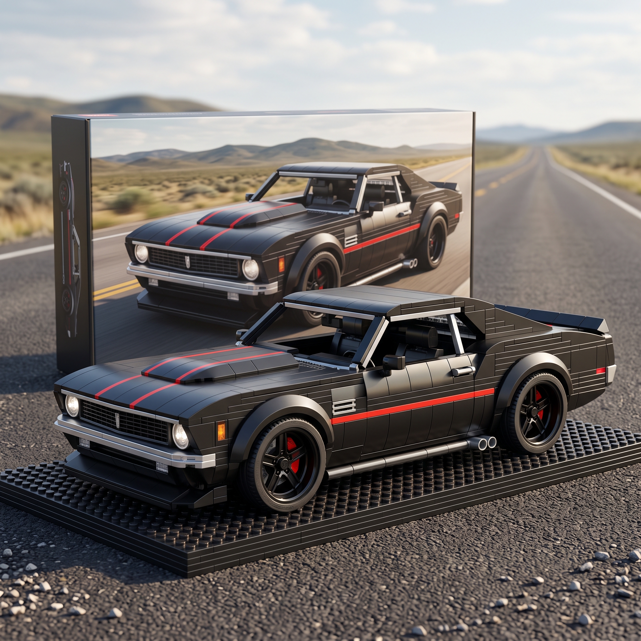 Black‑Red Stripe Vintage American Muscle Car Building‑brick Model, Classic Modified Coupe Collectible Diorama