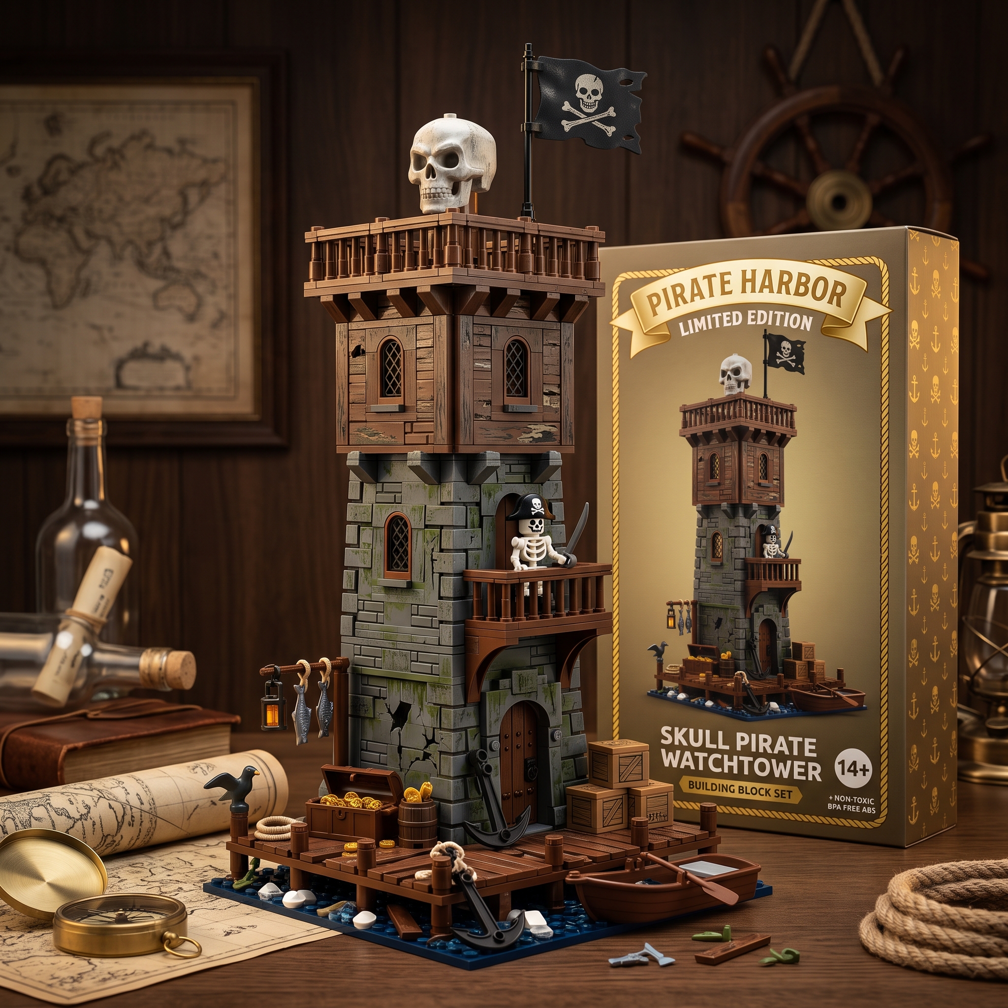 Skull Pirate Watchtower Collectible Building‑Brick Set, Retro Harbor Adventure Tower Scene Decor