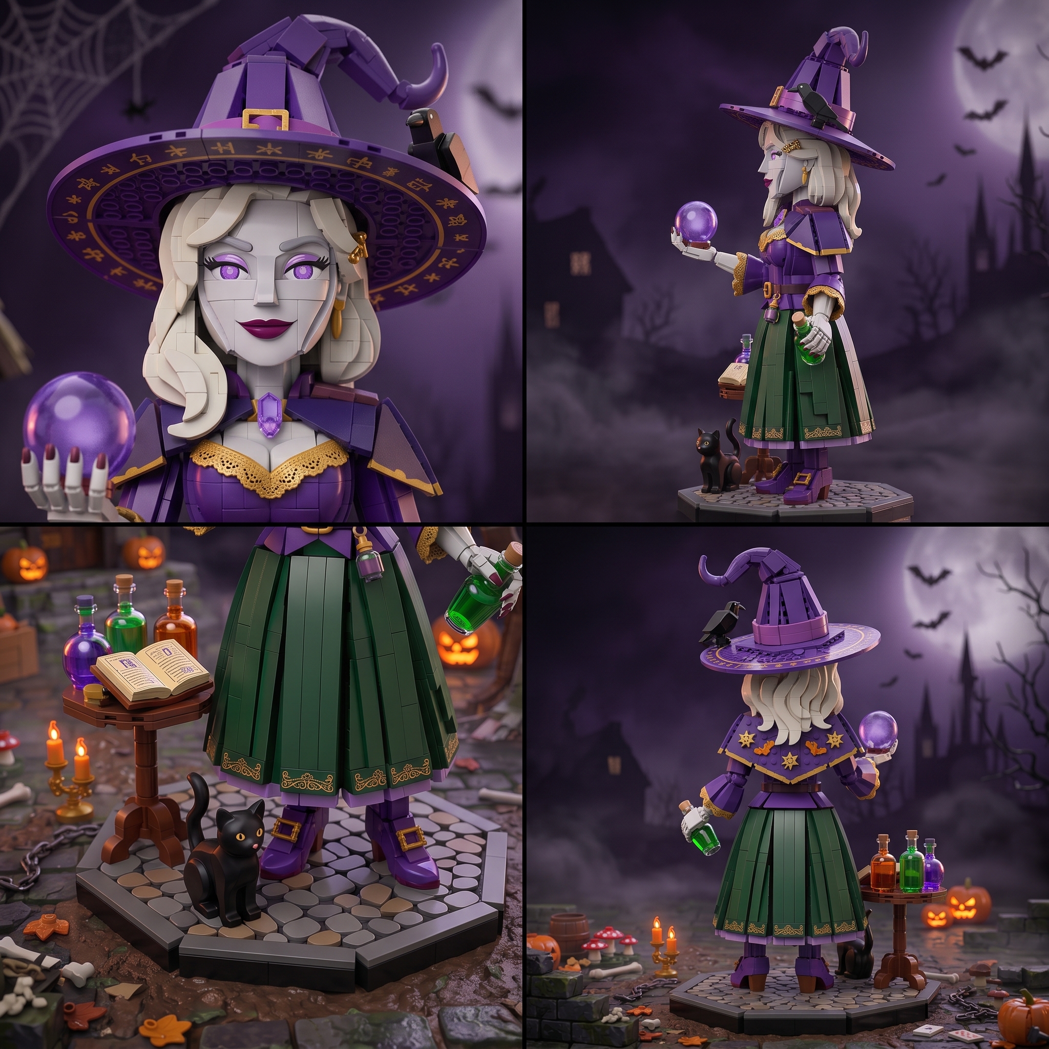Halloween Magic Witch Building‑Brick Statue, Divination Crystal Ball Themed Buildable Display Figure