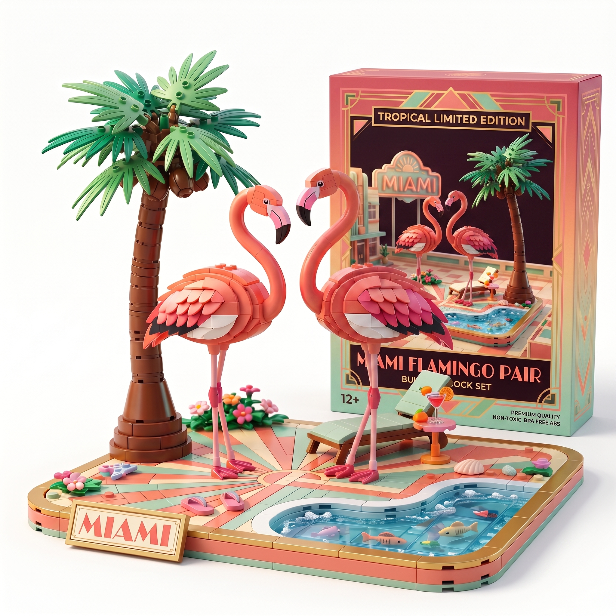 Miami Tropical Flamingo Building‑Brick Display Set, Summer Seaside Pool Themed Decor