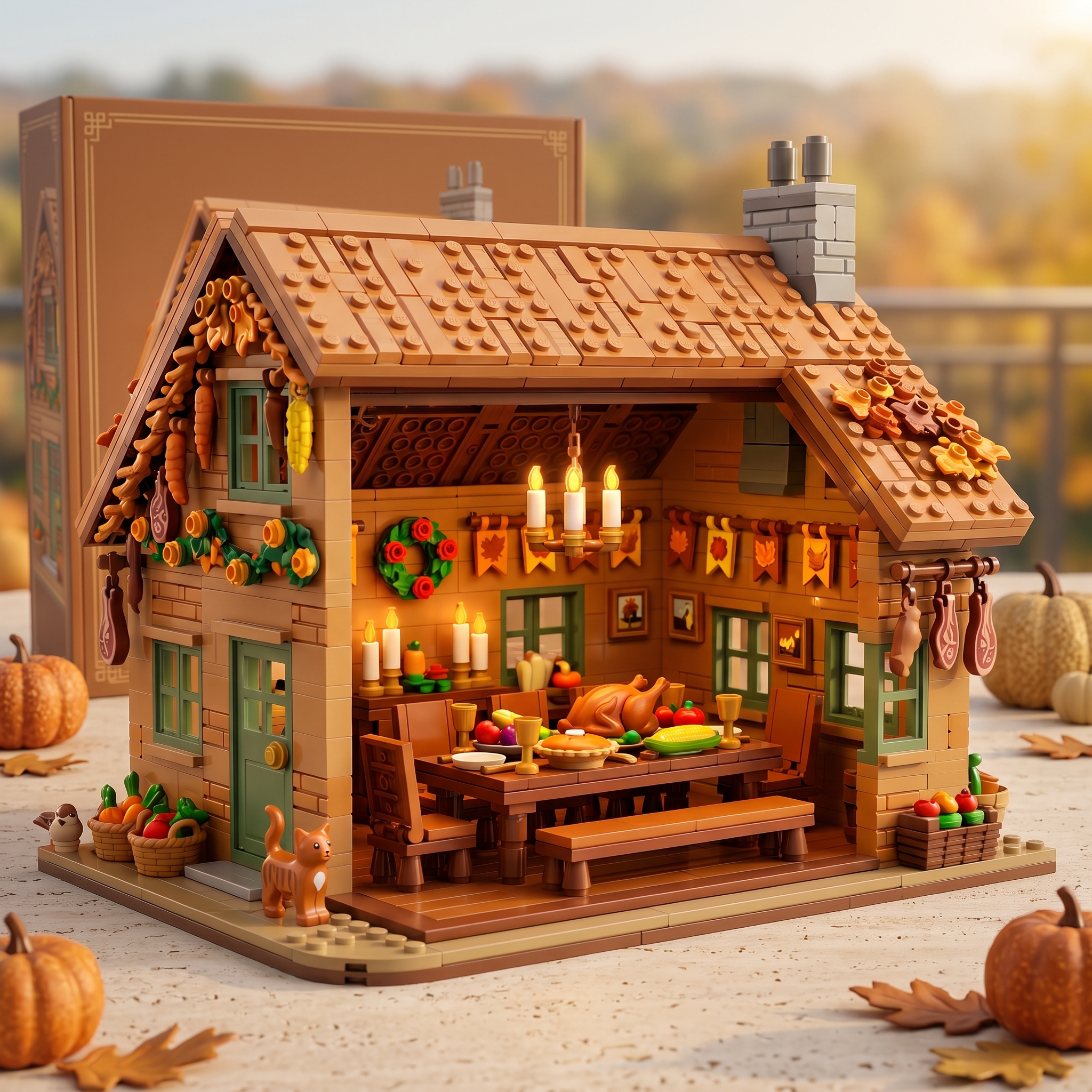 Thanksgiving Open‑Style Cabin Building‑brick Diorama, Thanksgiving Feast Interior Scene Model