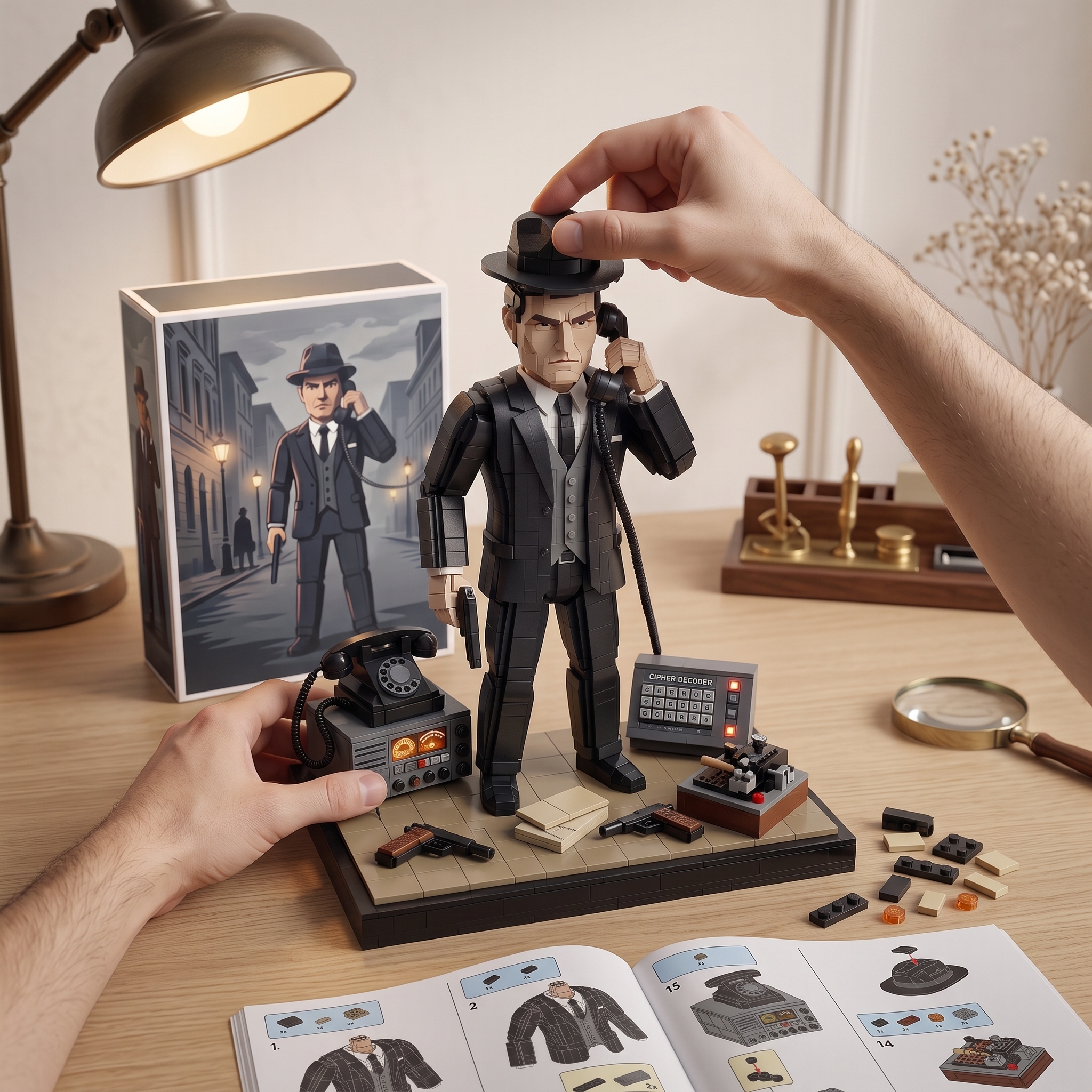 Retro Spy Agent Scene Collectible Building‑Brick Display Model
