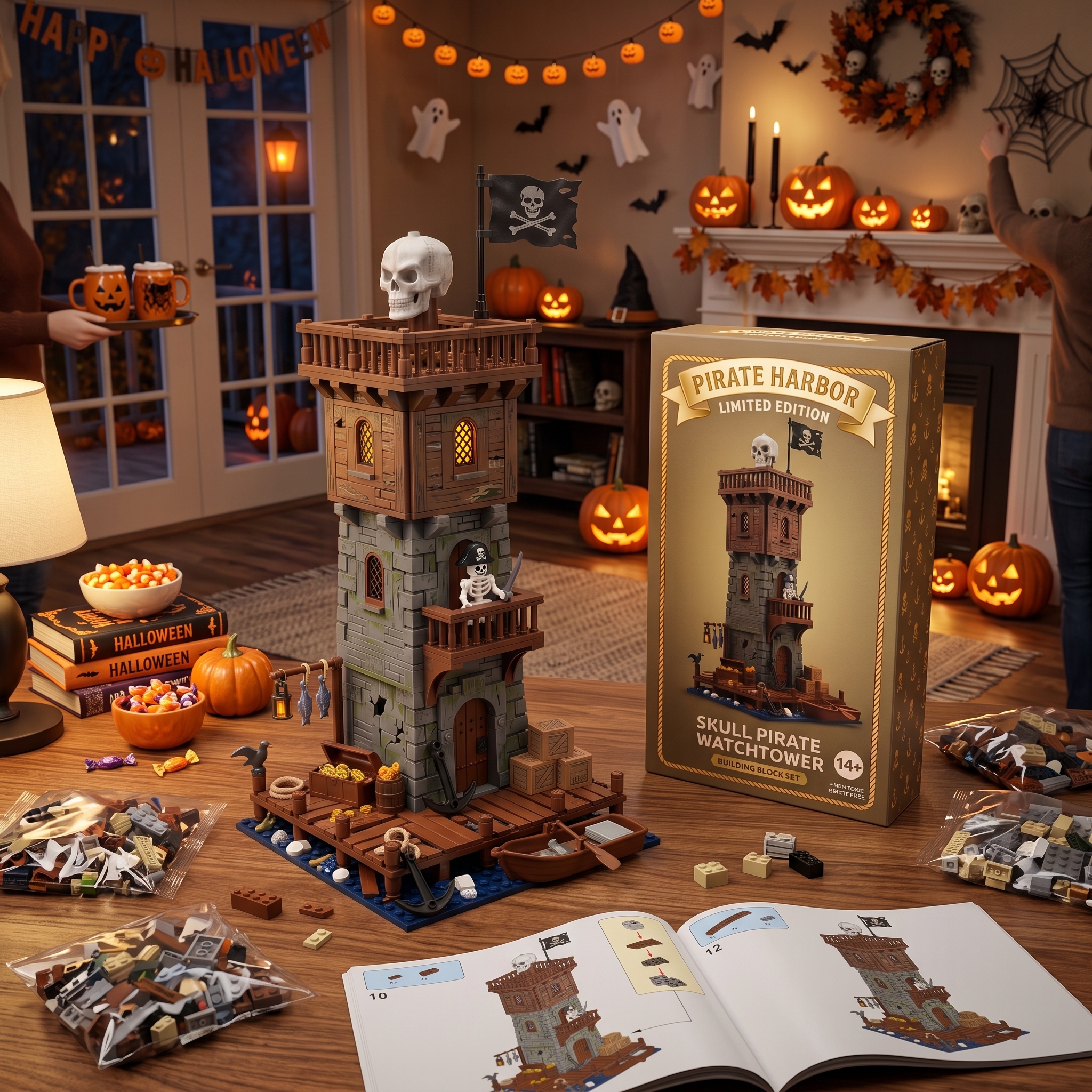 Skull Pirate Watchtower Collectible Building‑Brick Set, Retro Harbor Adventure Tower Scene Decor