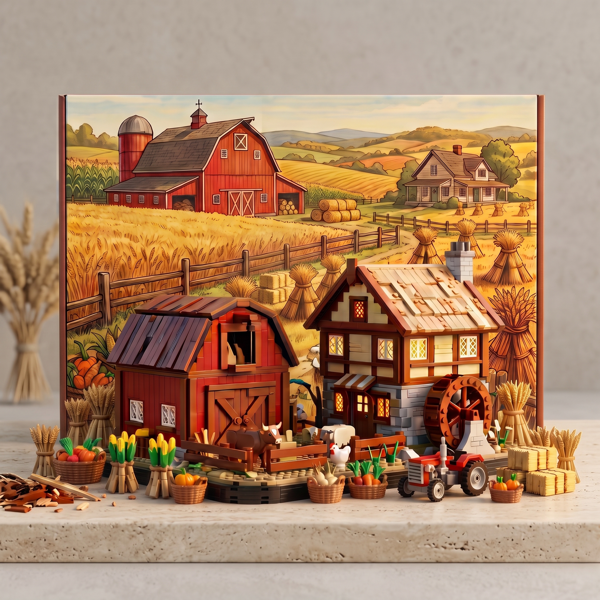 Autumn Harvest Farm Building‑brick Set, Three‑dimensional Countryside Barn‑Farmhouse Scene Diorama