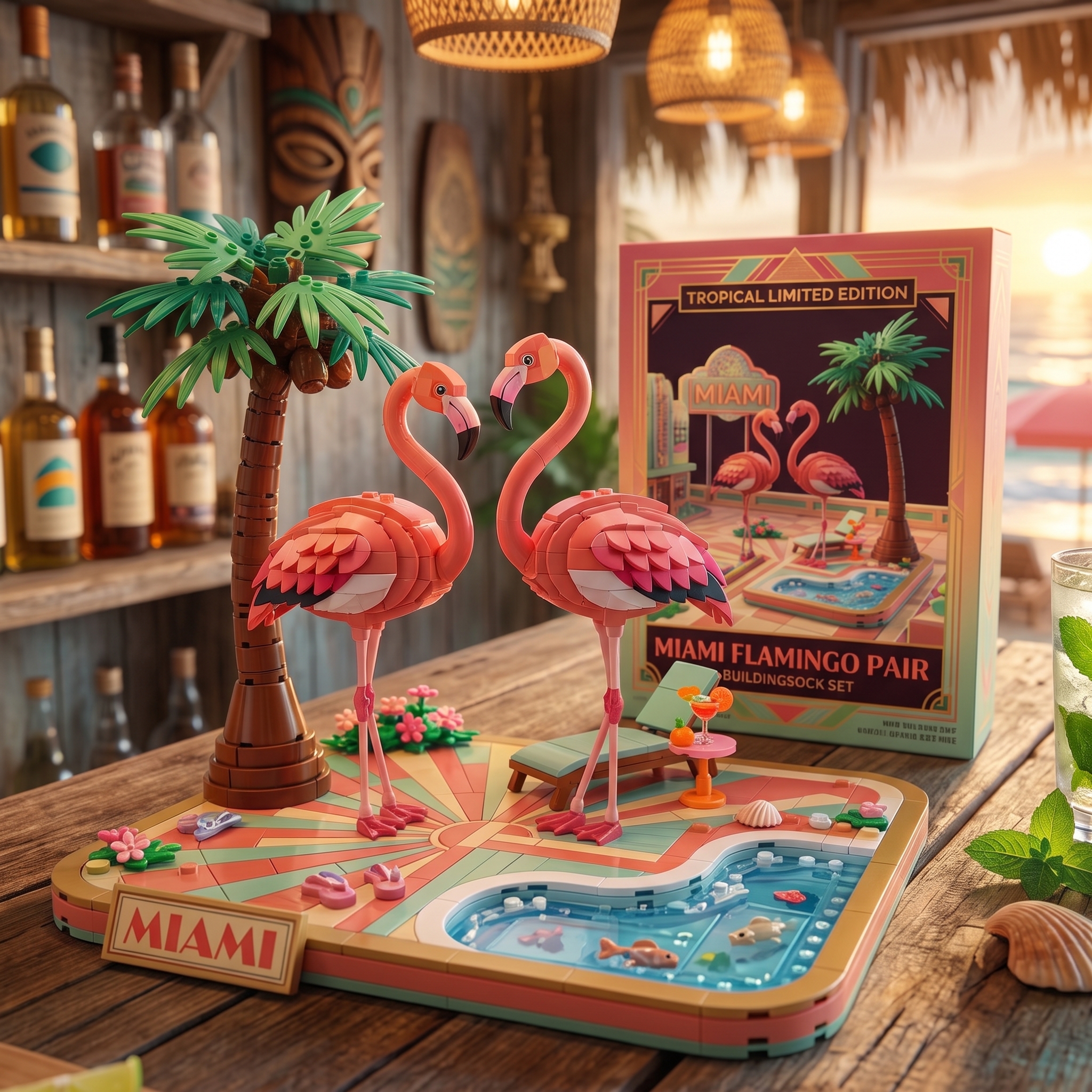 Miami Tropical Flamingo Building‑Brick Display Set, Summer Seaside Pool Themed Decor