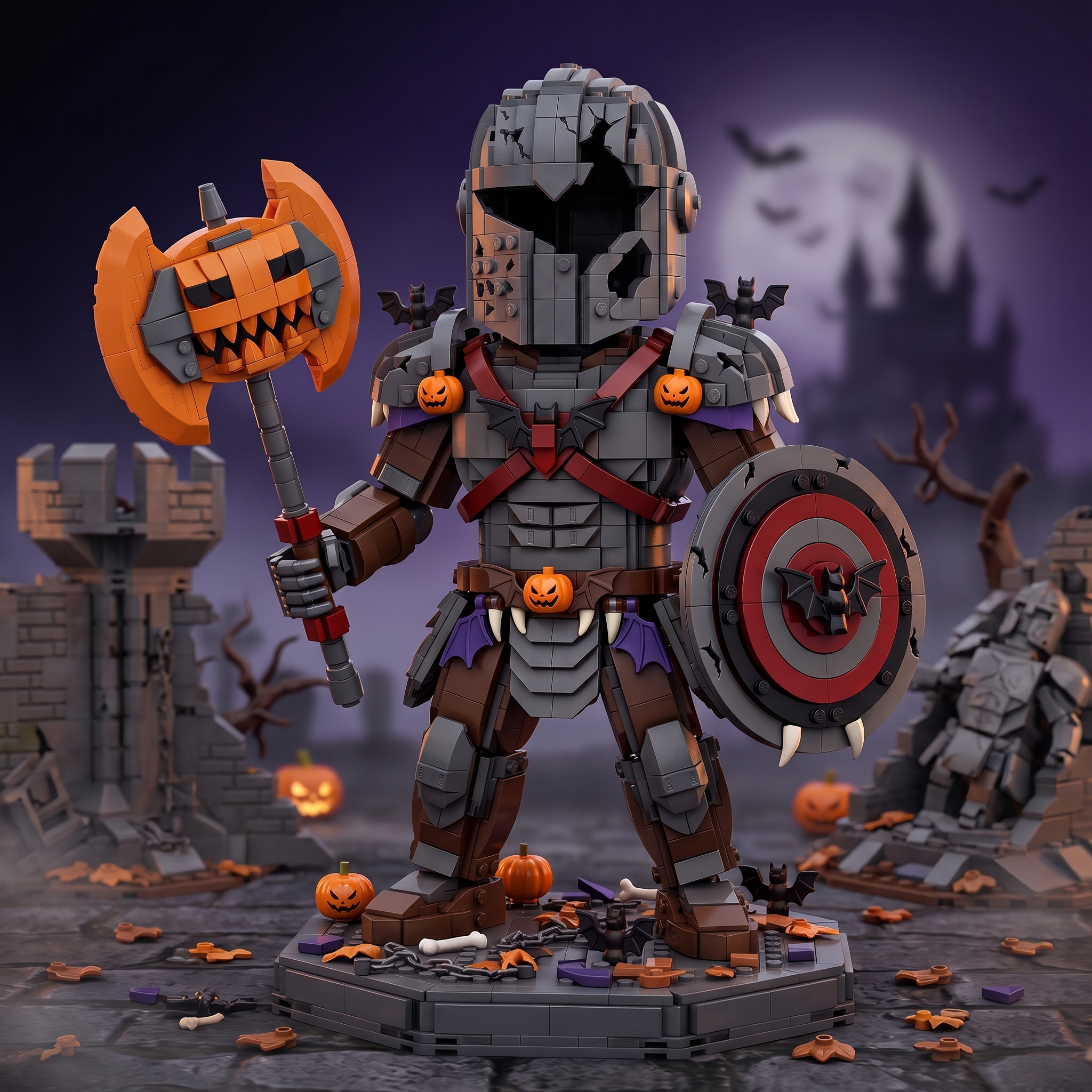 Halloween Broken‑Armor Knight Building‑Brick Statue, Pumpkin Battle‑Axe Dark Castle Themed Buildable Display Figure